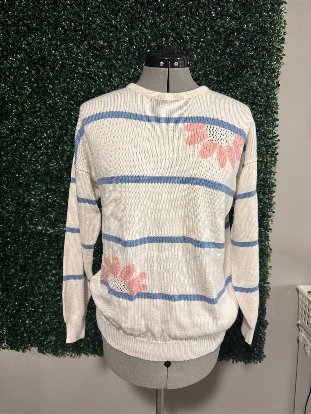 Catalina Cream Striped Sweater with Blue Stripes and Pink Floral Accents